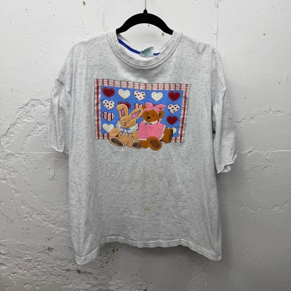 Vintage Grannycore Teddy Bear and Bunny Plaid Hearts Graphic Shirt